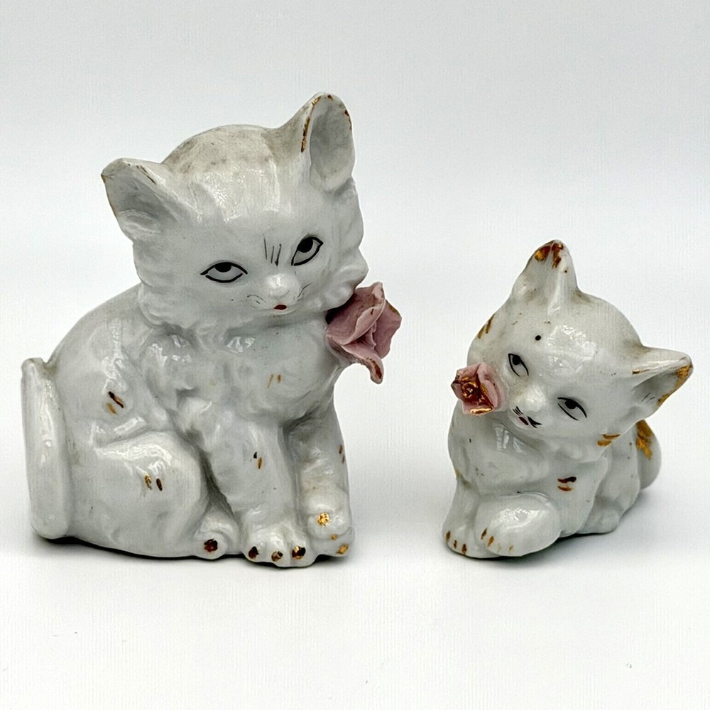 Porcelain Cat Figurines White Persian Set of 2 Pink Rose Gold Trim Japan 2"/2.5"